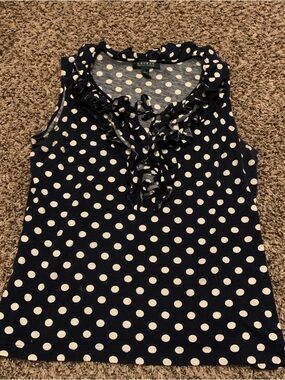 Ralph Lauren Navy and White Polka Dot Ruffle Tank